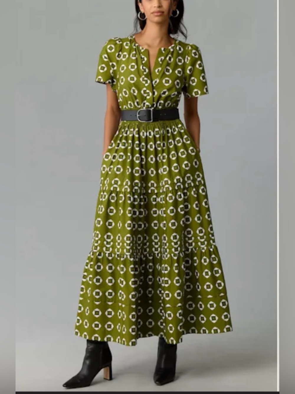 Anthropologie Olive Green Printed Maxi Dress